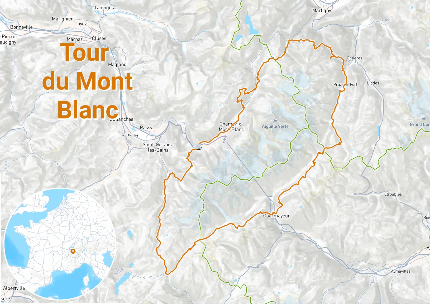 Carte du Tour du Mont-Blanc, itinéraire complet autour du massif