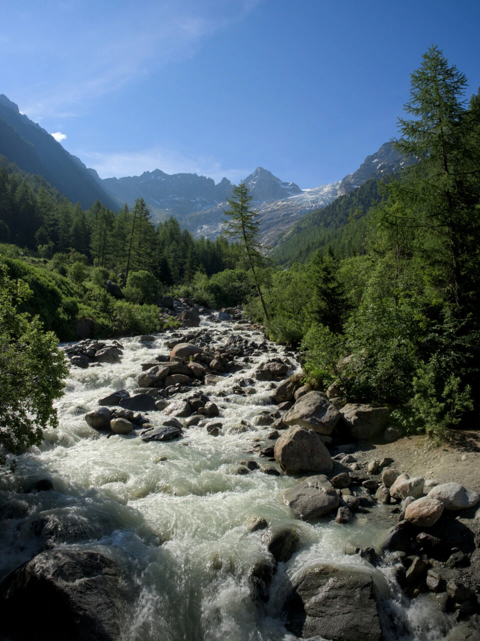 Torrent glaciaire dans le Val d'Arpette, l'eau court entre les blocs