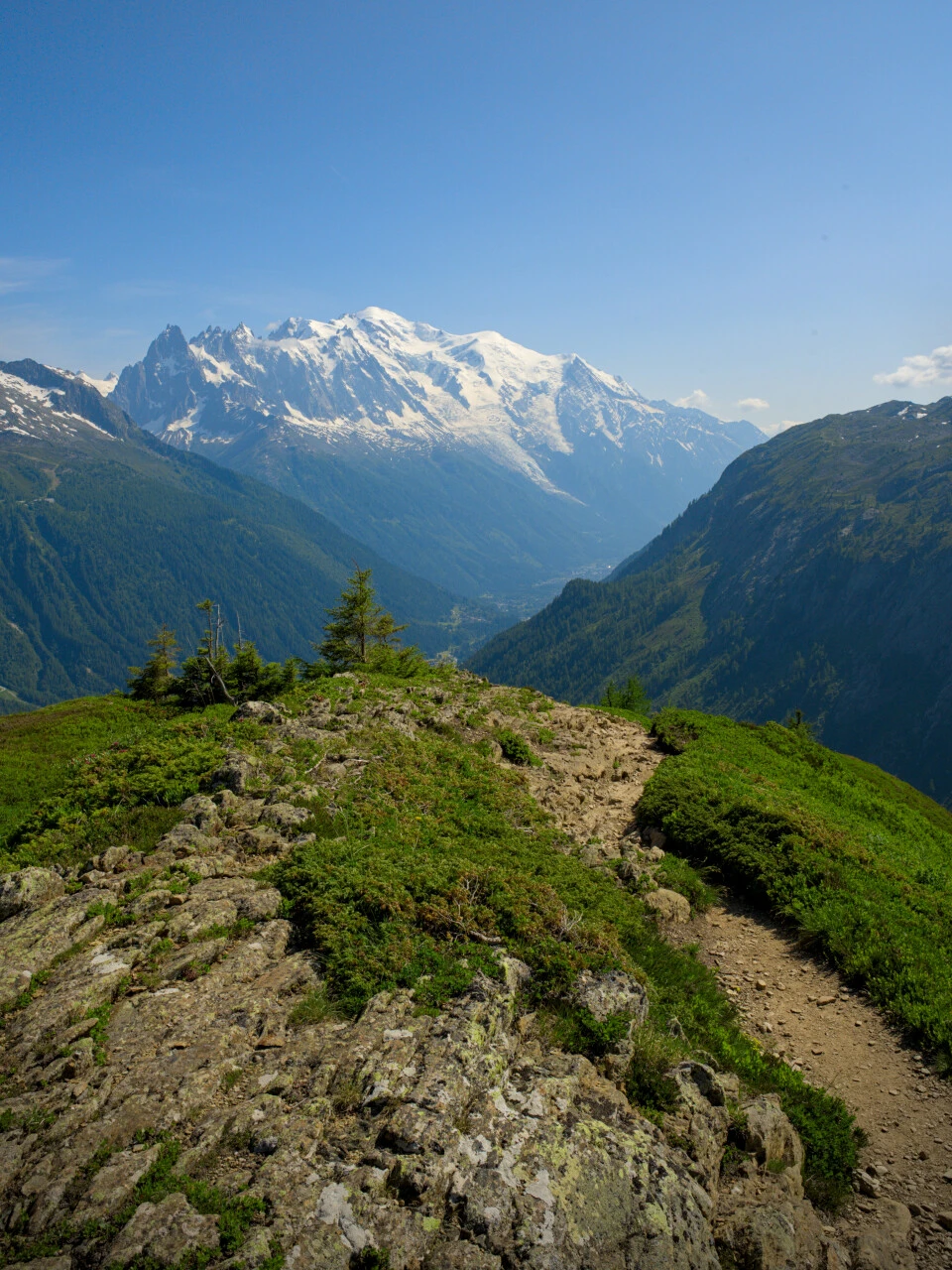 Descente sur la crête avec le Mont-Blanc en fond